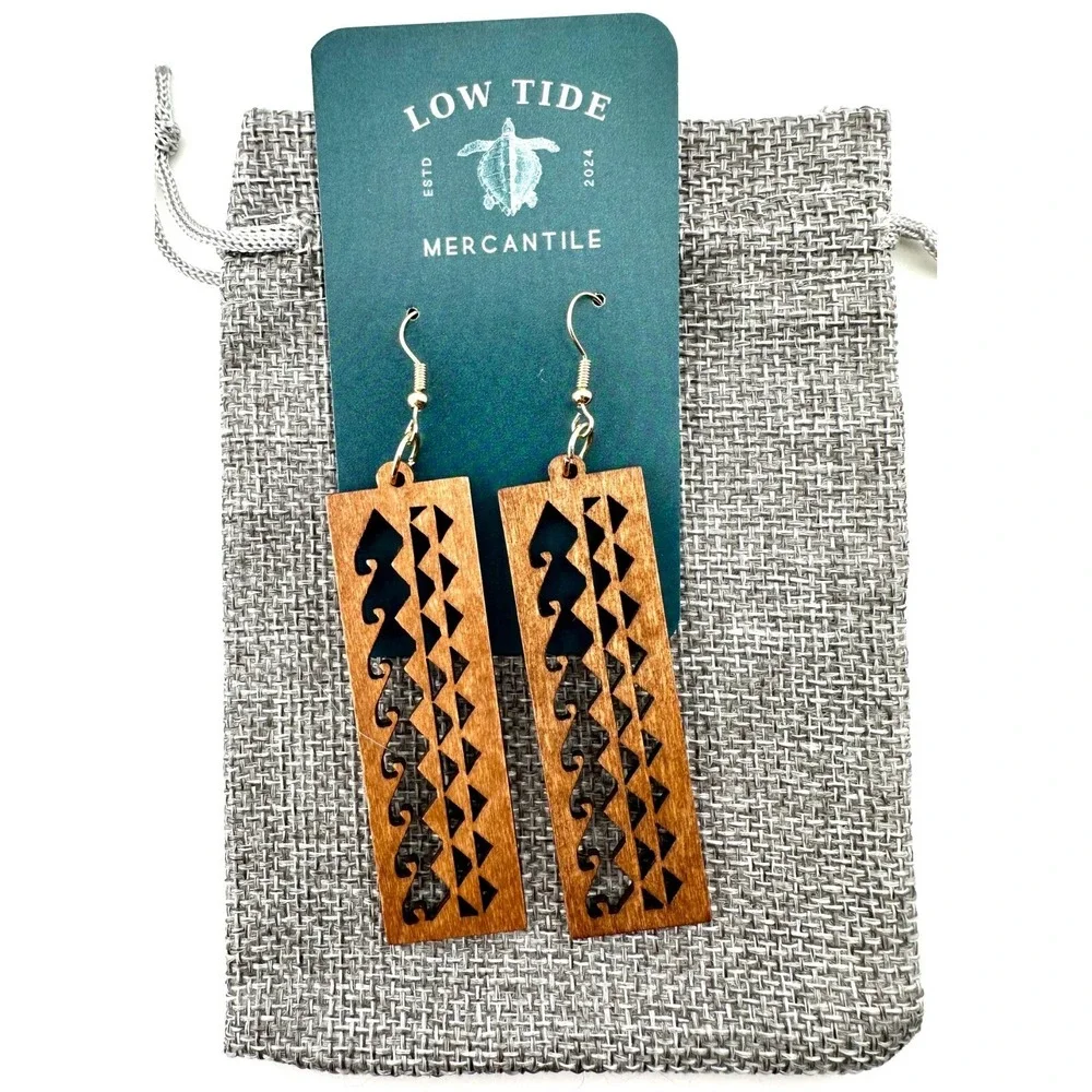 Chestnut Brown Ocean Waves Laser Cut Wood Earrings